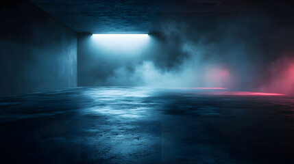Obraz premium concrete black fog neon dark asphalt cool smoke concept wet floor lights cement street art 3D background background rendering bright environment abstract effect black empty asphalt old blue design