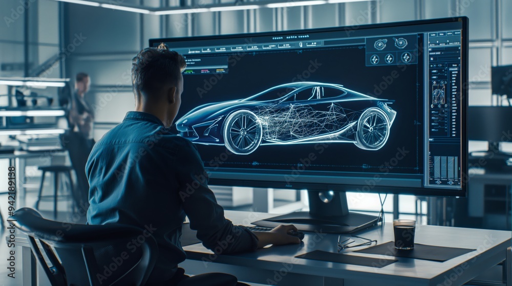 Poster An engineer is at work in a hightech automotive studio, creating a futuristic car design using advanced software. A large monitor shows a detailed 3D model and specifications of the vehicle