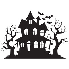 Halloween haunted house castle vector illustration, Halloween background with scary pumpkins candles in the graveyard at night