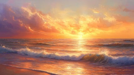 Fototapeta premium A tranquil painting of a coastal sunset, where warm hues of orange, pink, and gold blend seamlessly across the sky and reflect off the gentle waves of the sea.