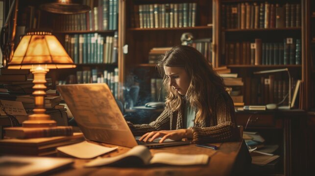 Student researching historical event with realistic photo from online library resources