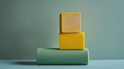 A playful composition of geometric shapes in soft pastel colors. The yellow and wood blocks are stacked on a green cylinder. This stylish photo captures simplicity and modern design. AI
