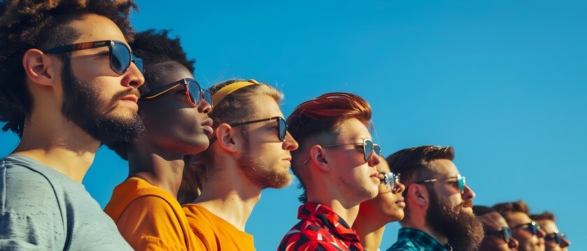 Diverse Group Young Men Sunglasses Outdoor Sunlight Togetherness Friendship. AI Generated