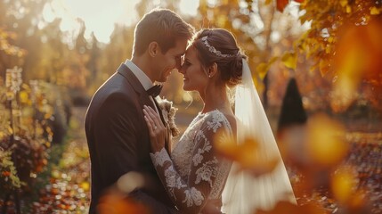 Captivating close up  newlywed couple in a romantic and realistic autumn garden setting