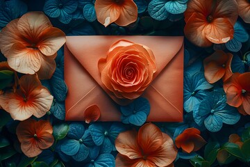 Romantic Floral Greeting Card Design with Orange Rose and Fresh Blue Flowers for Spring and Summer Occasions