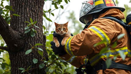 Firefighter saves cat from tree. Generative AI