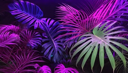 Obraz premium tropical leaves illuminated with neon colors in a dark setting, banner