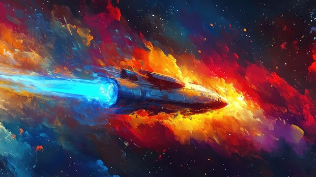Colorful Abstract Painting of a Spaceship with a Blue Light: Futuristic and Vibrant Artwork for Sci-Fi Enthusiasts