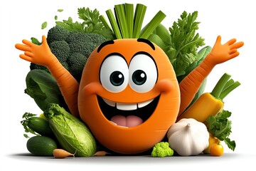 A whimsical cartoon illustration of a carrot with a happy face, possibly interacting with other vegetables