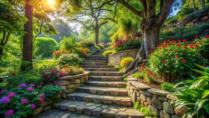 Winding stone stairs adorned with lush greenery and vibrant flowers lead up to a serene garden oasis, surrounded by ancient trees and dappled sunlight.