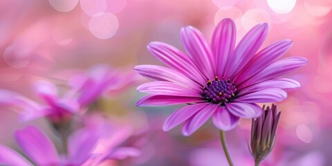 Obraz premium Blooming Osteospermum bush with vibrant magenta lilac petals in soft focus 4