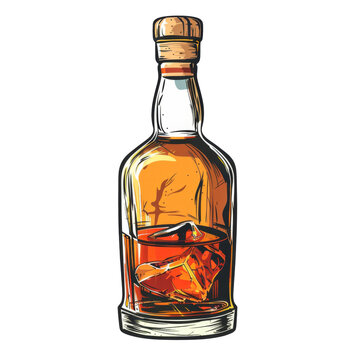 recommend clip art: Hand drawn bottle of amber liquor with an ice cube.