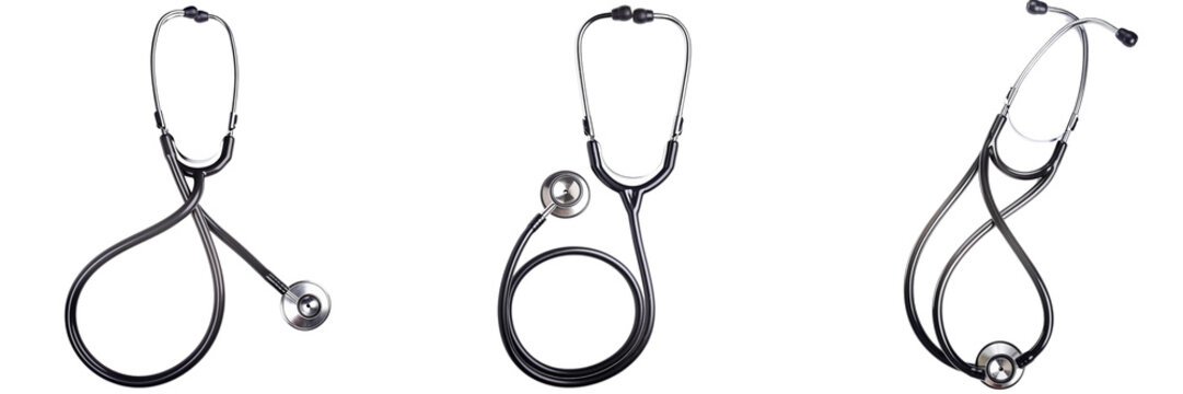 Set of A stethoscope with a heart-shaped tubing arrangement isolated on transparent background