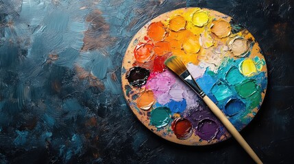 Fototapeta premium Colorful Palette with Vibrant Hues and Paintbrush Ready for Creative Expression with Watercolors on a Dark Backdrop