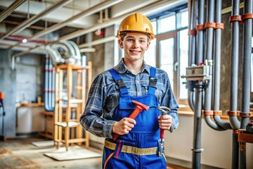 Young trainee in blue overalls and tool belt, holding pliers and pipe, standing in front of exposed plumbing system in a new building under construction.