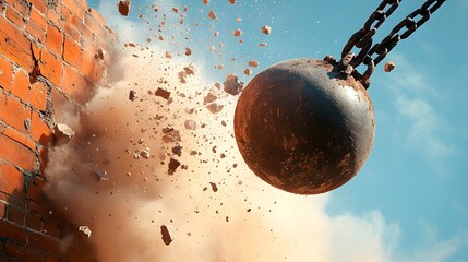 Wrecking ball hitting a brick wall with flying debris under a bright sky