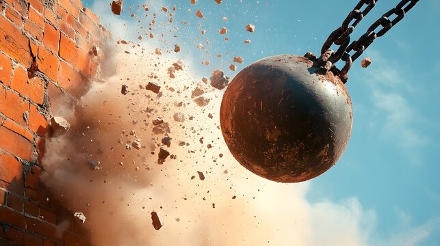 Wrecking ball hitting a brick wall with flying debris under a bright sky