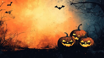 Halloween Themed Background Featuring Three Pumpkins, Perfect for Seasonal Designs and Festive Decorations, Capturing the Spirit of Autumn and Halloween Celebrations