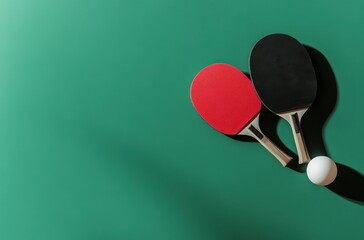 pair of table tennis paddles and two table tennis balls on a green background