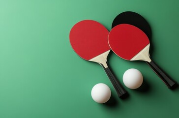 pair of table tennis paddles and two table tennis balls on a green background