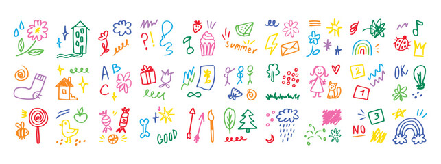 Doodle kids color set. Hand drawn simple decorative elements. Various icons, hearts, stars, lines