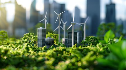 A miniature city with wind turbines surrounded by greenery, symbolizing sustainable development.