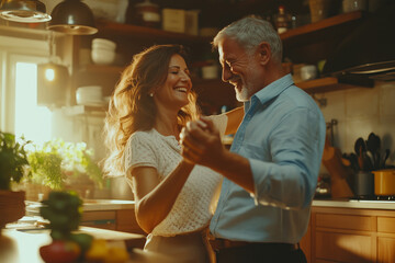 A joyful couple dancing together in their cozy kitchen during a sunny afternoon filled with laughter and love