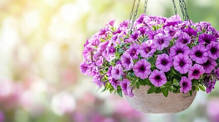 Fototapeta premium A potted plant with purple flowers dangles from hooks, set against a green and pink backdrop