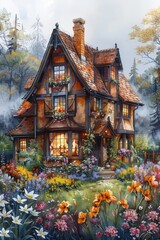 Fototapeta premium A fairy-tale house with shimmering walls and whimsical spires is nestled among a sprawling garden of colorful lilies and irises, with a mystical forest shrouded in morning fog.