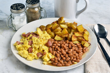 scramble eggs top with spam  and pepper with baked beans