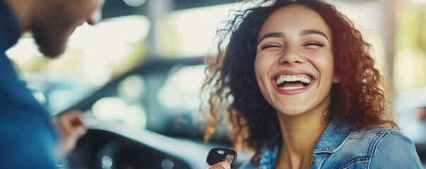 Joyful woman smiling brightly as she receives a car key, capturing a moment of happiness and excitement in an automotive setting.