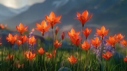 Obraz premium Orange blossoms with slender green stems are vibrant in the foreground, with the background blurred to reveal the gentle slopes of a hillside.