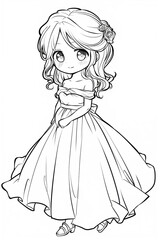 Fototapeta premium A charming little girl in a lovely dress striking a delightful pose for her coloring adventure in a whimsical garden setting