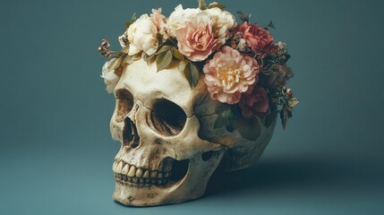 Naklejka premium Vibrant Skull with Floral Adornments: A Unique Blend of Life and Death in a Colorful Artistic Representation