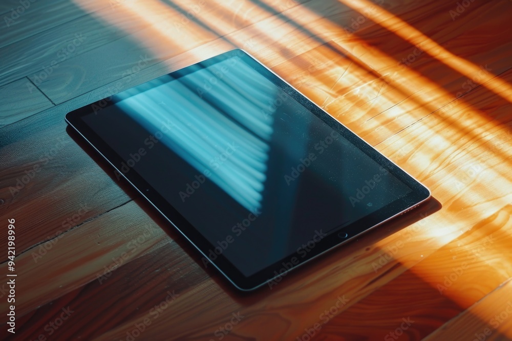 Fototapete a tablet computer placed on a wooden floor with a simple and clean background