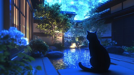 A serene night scene featuring a cat by a tranquil pond in a beautifully lit garden.