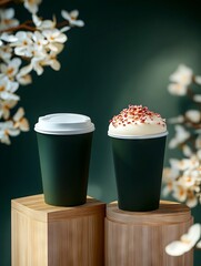 Two coffee cups sitting on top of a wooden box