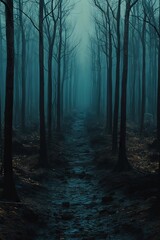 Naklejka premium A dark forest with a path in the middle of it