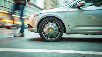 Fototapeta premium A close-up of a car wheel in motion during the day, capturing the energy and speed of urban life. Ideal for themes related to transportation, city living, and motion.