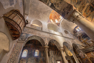 interior of church of Agios Dimitrios, the oldest church on the site of the 13th century Byzantine fortress in Mystras, Greece.