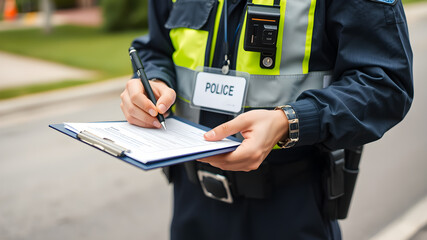 Close-up of traffic police officer writing a ticket. Generative AI