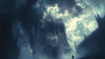 A dark and ominous gothic cathedral looms under a stormy sky filled with swirling, menacing clouds. The towering structure is adorned with intricate and spiky architectural details, giving it a forebo