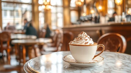 A cozy caf&eacute; features whipped cream-topped coffee, vintage decor, and soft classical music for relaxation.