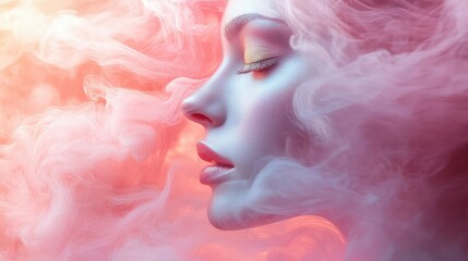 Abstract Image of a Woman&rsquo;s Face Obscured by a Swirl of Pink and Gold, Capturing a Dreamy and Ethereal Quality with Soft, Flowing Colors