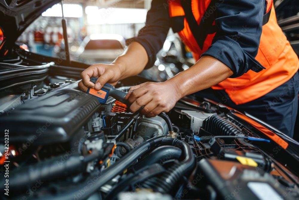 Canvas Prints A person in an orange vest is tinkering with the car engine, showing hands-on approach to maintenance and repair