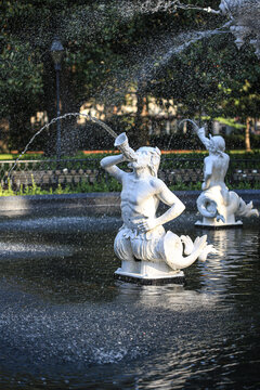 Savannah, Georgia, USA. Neptune Nymphs spray water at the Fountain at Forsyth Park