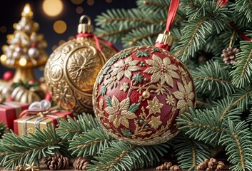 New Year tree decorations balls with snowflakes and beads