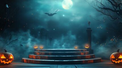 Obraz premium Midnight Ritual: The Haunting Ceremony , banner ad, halloween theme, podium, space for text 