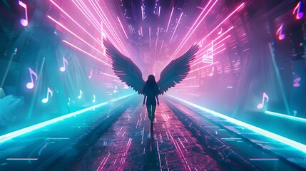 A figure with wings walks through a neon-lit tunnel filled with musical notes.