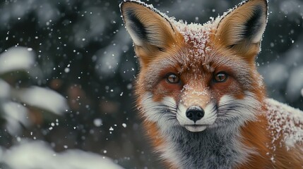 Obraz premium Detailed close-up of a fox in a snowy environment perfect for winter wildlife photography